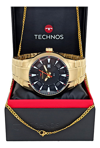 Kit Relógio Technos Aço Dourado Original + Corrente 60cm
