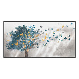 Quadro Árvore Decorativa E Borboletas Em Tela Canvas 80x160