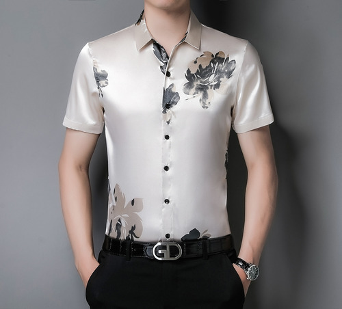 Camisa De Seda De Manga Corta Con Estampado Floral Para Homb