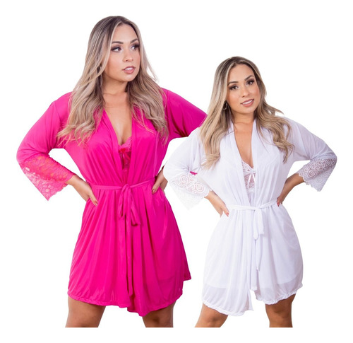 Kit 2 Robe Roupão Feminino Com Renda Luxo Malha Fria Sensual