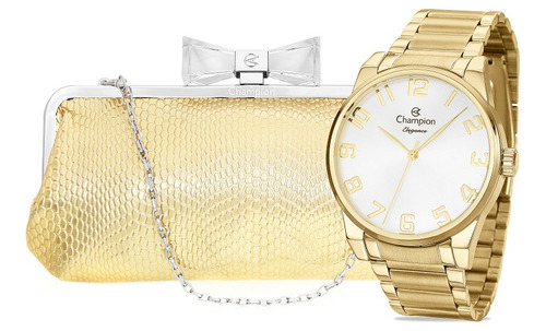 Relógio Feminino Champion Dourado Original + Bolsa Clutch Cor Do Fundo Branco