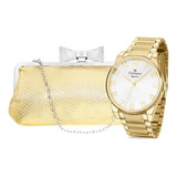 Relógio Feminino Champion Dourado Original + Bolsa Clutch Cor Do Fundo Branco