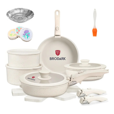 BRODARK 20 Piezas Juego De Sartenes Gruesa Ollas Cerámica Batería De Cocina Utensilios Sartenes Antiadherentes Con Mangos Desmontables Y Tapas De Vidrio Para Inducción, Gas Y Horno Blanco | Meses sin interés
