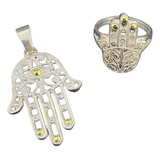 Combo Dije Y Anillo Macizo De Mano Hamsa Plata 925 Y Oro.