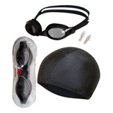 Kit Antiparras Gorro Lycra Lentes Estuche Tapones 607 Negro Natación