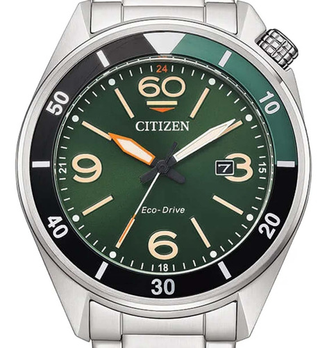 Relógio Citizen Eco-drive Masculino Aw1718-88x / Tz31847g Cor Da Correia Prateado Cor Do Bisel Preto/verde Cor Do Fundo Verde