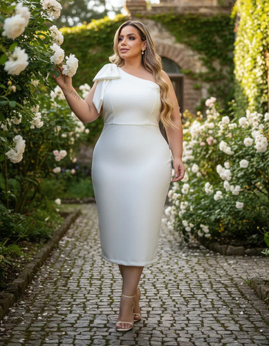 Vestido De Noiva Plus Size Midi Nula Manga Branco Off White | Parcelamento sem juros