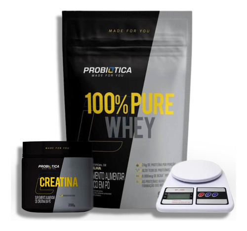 Whey 100% 900g + Creatina 300g Probiótica + Balança Digital