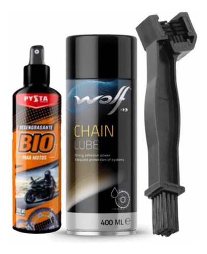 Lubricante Cadenas Wolf + Cepillo + Desengrasante Bio