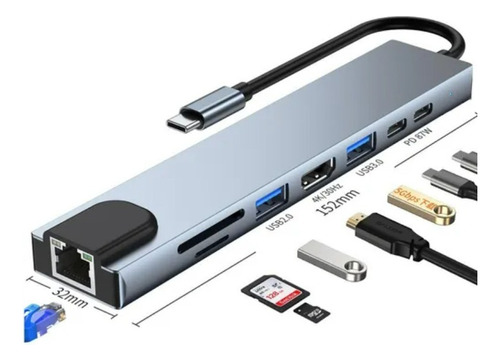 Adaptador Hub Usb C Com Ethernet+4k Hdmi+usb 3.0+pd+sd+tf