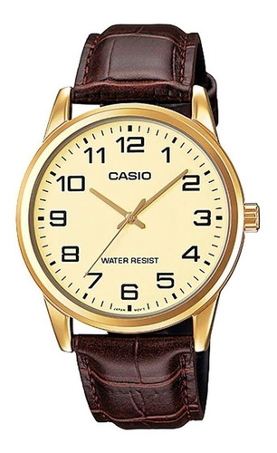 Reloj Casio Mtp-v001gl-9budf Hombre 100% Original Correa Marrón Bisel Dorado Fondo Dorado