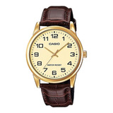 Reloj Pulsera Casio Enticer Mtp-v001 De Cuerpo Color Dorado, Analógico, Para Hombre, Fondo Dorado, Con Correa De Cuero Color Marrón, Agujas Color Dorado, Dial Negro, Minutero/segundero Negro, Bisel Co