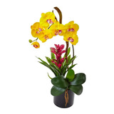 Arreglo De Orquídea De Tacto Natural Con Follaje Y Base