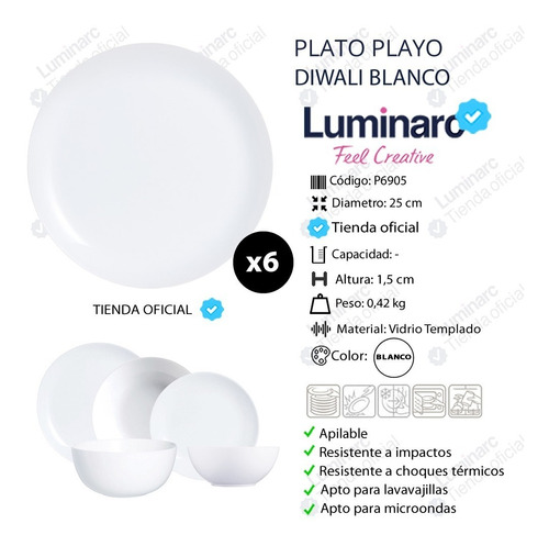 Plato Playo Luminarc Diwali Templado Colores A Eleccion X6