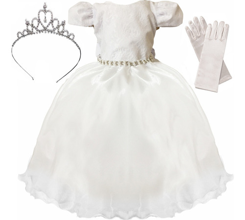 Vestido Infantil Branco Curto Com Luva E Tiara Coroa Princesa - Daminha Formatura Batizado Aniversário