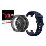 Kit Compativel Com Amazfit T Rex Pulseira Capa E Pelicula Cor Azul-escuro