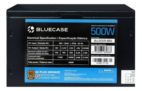 Fonte De Alimentação Bluecase Atx 500w 80 Plus Bronze 