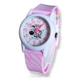 Reloj Pulsera Q&q V22a-009vy De Cuerpo Color Fucsia, Analógico, Para Niñas, Fondo Blanco, Con Correa De Silicona Color Niña Y Rosado, Bisel Color Morado Y Hebilla Simple