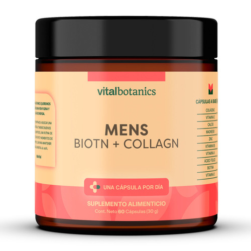 Colágeno Hidrolizado Para Hombres + Biotina 60 Capsulas De 500mg Mens Biotn + Collagn | Colágeno Hidrolizado + Biotina Con Vitamina A, D, E, B5, B9, Calcio, Magnesio, Zinc Y Colágeno | Vitalbotanics