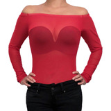 Blusa Body Campesino Cuello Bandeja Transparente Malla Licra