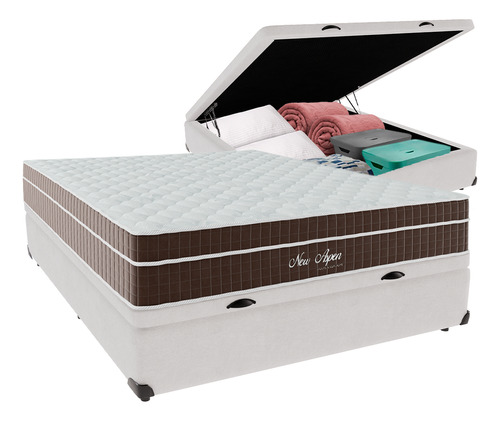 Cama + Box Baú Viúva Branca Colchão New Aspen Comfort Prime