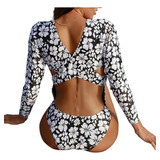 Trajes De Baño Manga Larga Blanco Bikini Floral Back Split