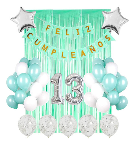 Combo Deco Feliz Cumple Verde Agua Pastel Cortina Banderin