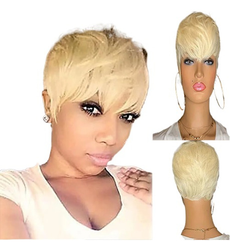 Peruca Wig Curta Pixie Cabelo Humano Uso Diário Loiro Platin