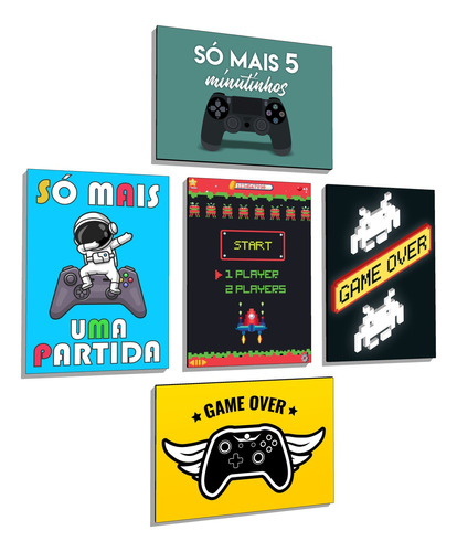 Kit 5 Quadros Placas Decorativas Grandes 30x40 Gamer Nerd