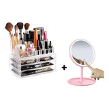Set Espejo Con Luz Led Maquillaje + Organizador Cosmeticos