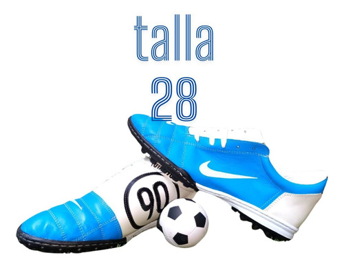 Tenis Suela Turf Mod. T90 En Piel Azul Y Blanco Talla 28