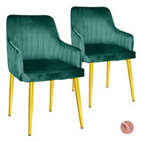 Set 2 Sillas Sillones Comedor Modernos Terciopelo Elegantes Estructura De La Silla Dorado Asiento Verde Oscuro