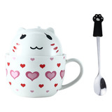 Taza Doble Y Cuchara Gato Gatito Corazones Kawaii Regalos