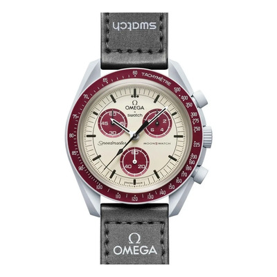 Reloj pulsera Omega x Swatch Mission to Pluto con correa de velcro color negro - fondo beige - bisel bordó | Envío gratis