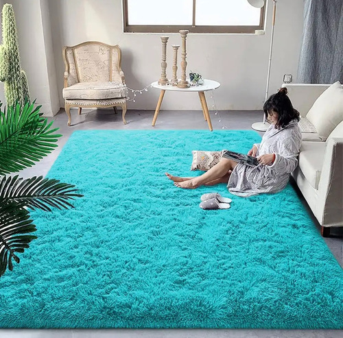 Alfombra Peludas Tipo Shaggy 180cm X 200cm Celeste