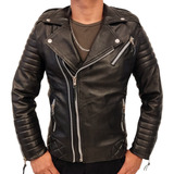 Chamarra Biker Premium Piel Para Hombre Negra Cuero Rockera