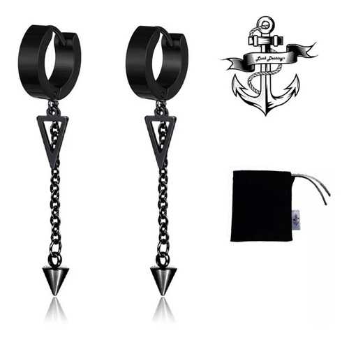 Aretes Hombre Con Piercing Triangulo Cadena Negros Pendients