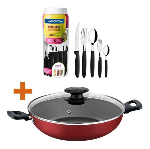 Panela Wok Alumínio 28cm Vermelho + Faqueiro 30pç Tramontina