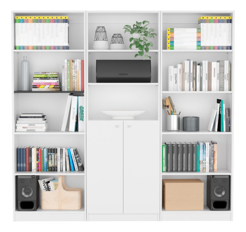 Combo De 3 Bibliotecas Con 2 Puertas Home, Blanca Color Blanco