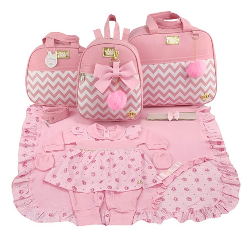 Saída Maternidade + Bolsa Maternidade 3 Pçs Luxo Rosa