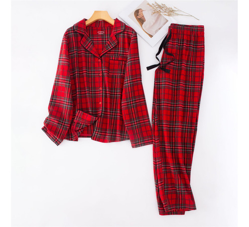 Pijama De Navidad Para El Hogar A Cuadros Rojos De Algodón