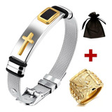 Pulseira Bracelete Masculina Cruz Aço Inox Ajustável