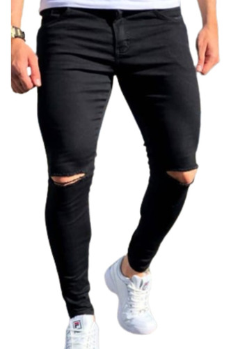 Calça Jeans Masculina Skinny Rasgada Lycra Destroyed Preta