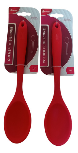 2 Colheres De Arroz Silicone Maciço Não Riscam Panelas Cabo Vermelho