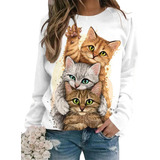 Playera De Manga Larga Con Estampado De Gato Para Mujer