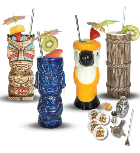 Set Of 4 Tiki Mugs, Barware Tool Set Includes Cocktail ...