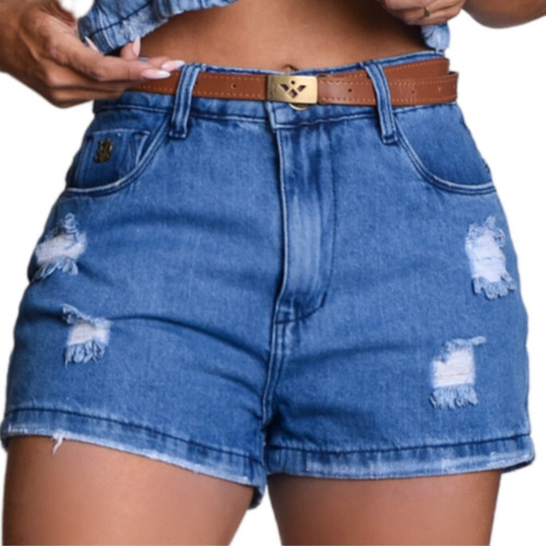 Short Jeans Destroyed Cintura Alta Empina Bumbum Com Cinto