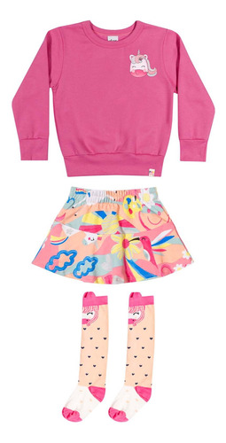 Conjunto Infantil Feminino Blusão C/ Saia E Meia 3/4 Elian