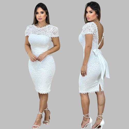 Vestido De Noiva Midi Tubinho Branco Renda Festa Pre Wedding