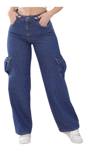 Calça Cargo Jeans Wide Leg Escura Acinturada Levanta Bumbum